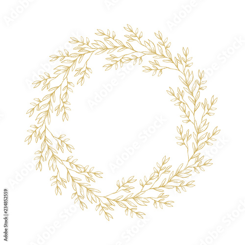 Lovely Hand Drawn Golden Twigs, Branches Round Shape Vector Garland. White Background. Retro Style. Delicate Golden Sketched Floral Wreath. Frame Made of Flowers Isolated on White.