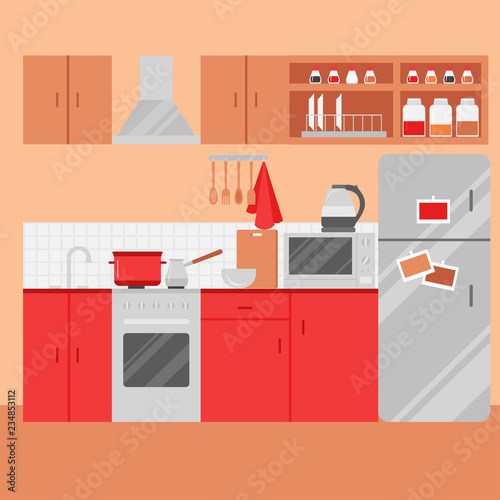 Flat Kitchen interior with furniture. Homely Room with stove, cupboard, microwave, dishes and fridge. Cooking equipment, tool, utensil and electronics