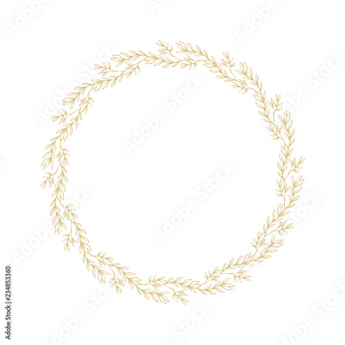 Lovely Hand Drawn Golden Twigs, Branches Round Shape Vector Garland. White Background. Retro Style. Delicate Golden Sketched Floral Wreath. Frame Made of Flowers Isolated on White.