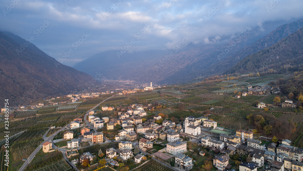 Alpine village in Valtellina, Italian Alps. Aerial view 