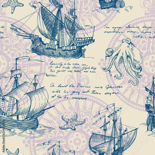 Old caravel, vintage sailboat, sea monster. Vector seamless pattern