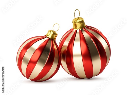 3D rendering Two Golden Red Christmas Balls on a white background