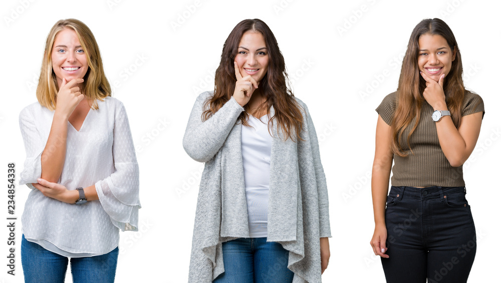 Obraz premium Collage of group of three young beautiful women over white isolated background looking confident at the camera with smile with crossed arms and hand raised on chin. Thinking positive.