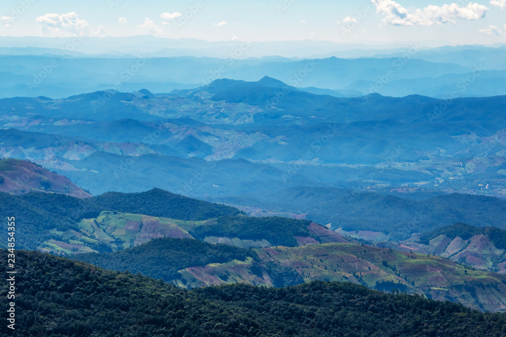 Fototapeta premium The mountains and forests with blue sky and white clouds at the peak of Inthanon national park (park name) in Chiang Mai province , Thailand in a sunny day. 
