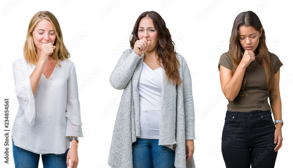 Obraz premium Collage of group of three young beautiful women over white isolated background feeling unwell and coughing as symptom for cold or bronchitis. Healthcare concept.