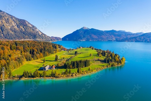 Peninsula Zwergern, Lake Walchensee, behind Jochberg, drone image, Upper Bavaria, Bavaria, Germany, Europe photo