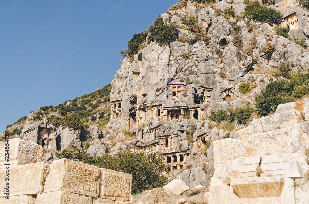Myra Rock Tombs, ruins of the anceint necropolis, Demre, Antalya Province, Lycia, Anatolia, Turkey,