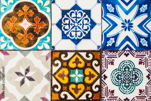 Detail of the traditional tiles from facade of old house. Decorative tiles.Valencian traditional tiles. Floral ornament.