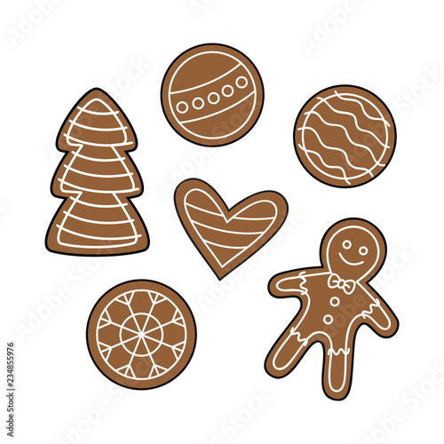 Christmas gingerbread cookies vector outlined illustration icon set. Festive, holiday, traditional gingerbread man, snowflake, heart, xmas tree and ornaments decorated with sugar icing.