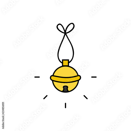 Christmas jingle bell vector outlined illustration icon. Festive, holiday, seasonal, traditional yellow, gold jingle bell, isolated.