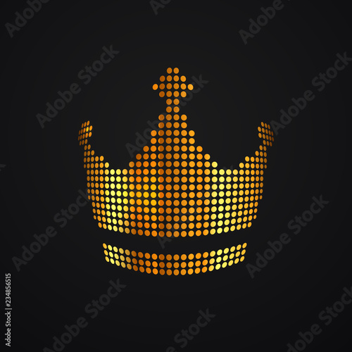 Gold dots crown vector isolated logo. Pixel art logotype diadema, corona on dark background