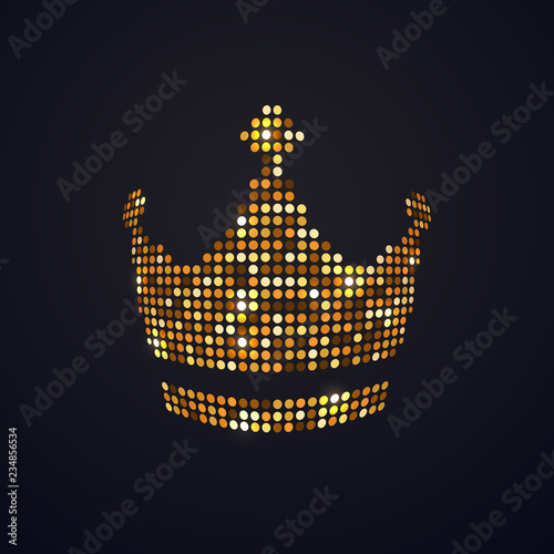 Gold mosaic dots crown vector isolated logo on dark background. Pixel art logotype of diadema, corona design element