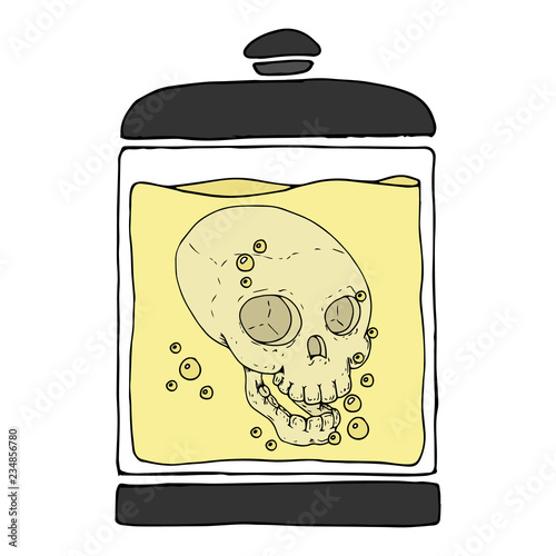 A can of liquid. The human skull in the jar. Vector illustration.