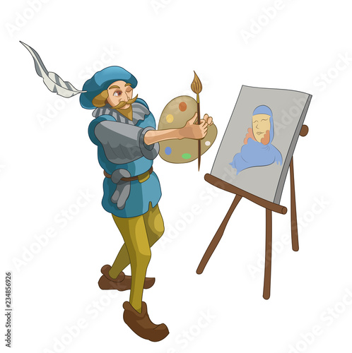 Vector illustration depicts the process of creating a  masterpiece by the artist