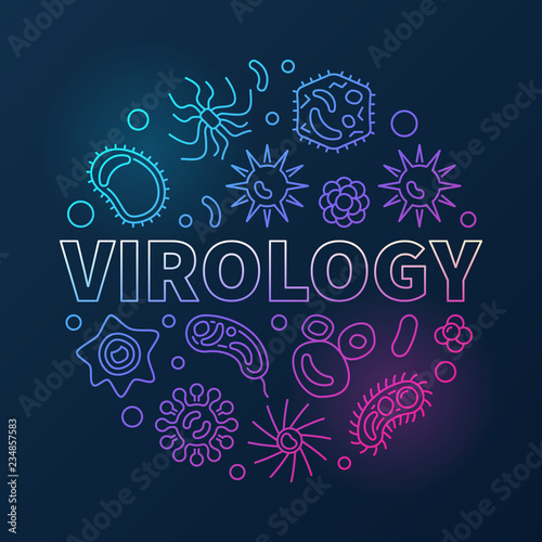 Virology circular vector biology colored illustration in thin line style made with microbes and viruses icons on dark background 