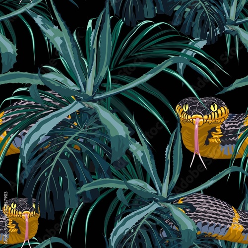 Seamless pattern with yellow snakes and blue tropical plants. Colorful wallpaper on a tropical theme on black background.