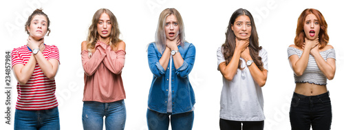Cuadro en lienzo Collage of young beautiful grop of women over isolated background shouting and suffocate because painful strangle