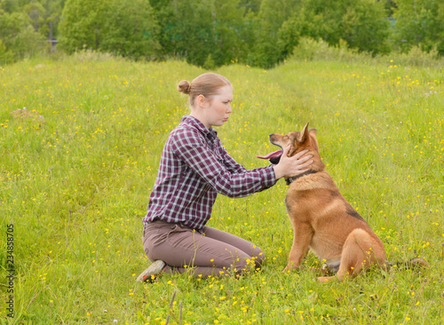 The caucasian female owner and her male dog are in summer meadow. The angry, irritable girl is scolding and punishing naughty red pet in outdoors.