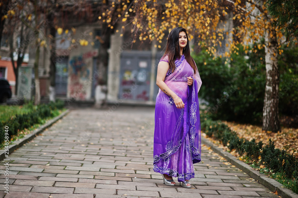 Indian hindu girl at traditional violet saree posed at autumn street. Indian hindu girl at traditional violet saree posed at autumn street.