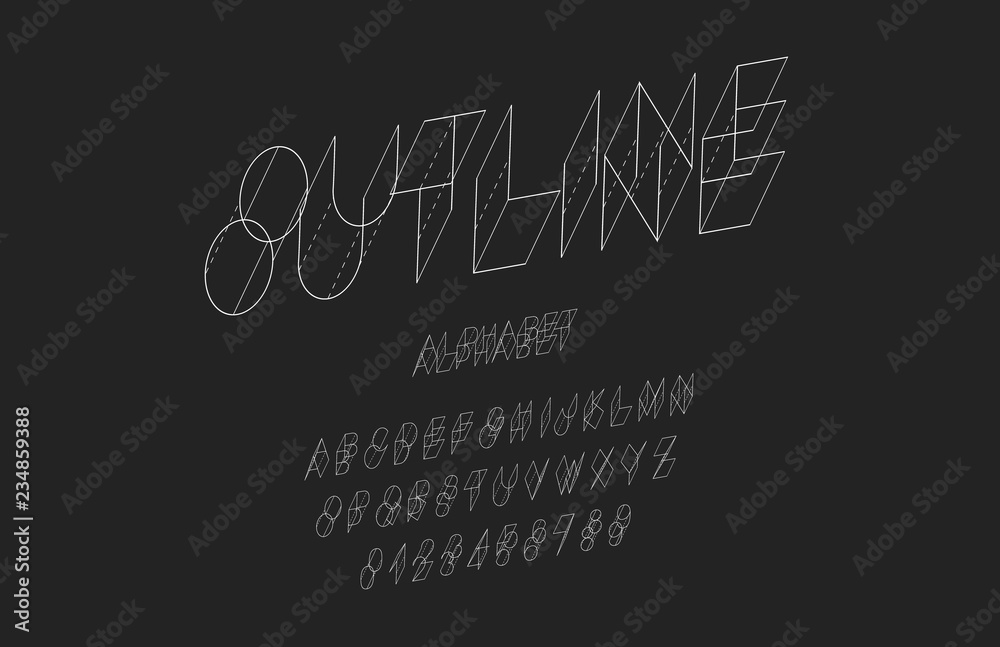 Outline drawing font, alphabet, letters and numbers. Vector Illustration
