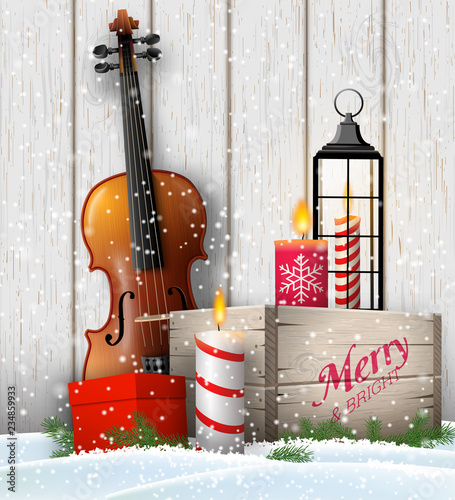 Christmas still-life with gift boxes and violin