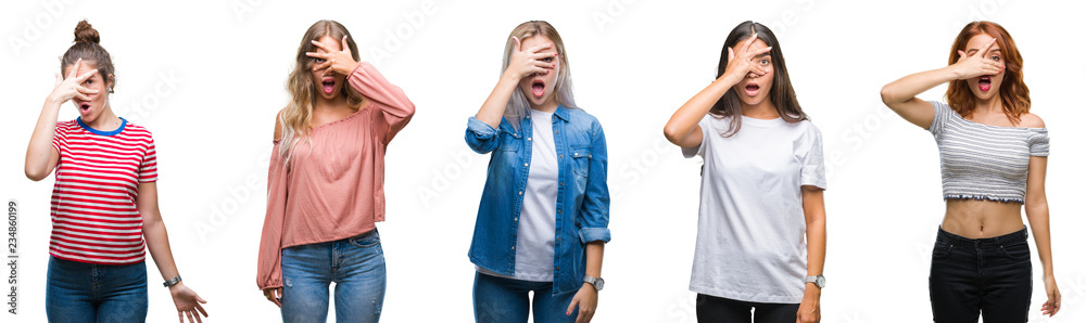 Collage of young beautiful grop of women over isolated background peeking in shock covering face and eyes with hand, looking through fingers with embarrassed expression.