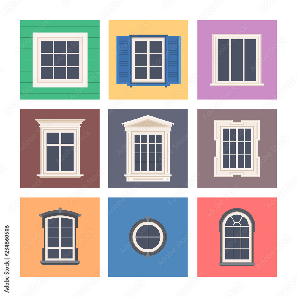 Set of colorful front windows for homes and buildings. Vector illustration  isolated on white background