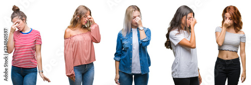Collage of young beautiful grop of women over isolated background tired rubbing nose and eyes feeling fatigue and headache. Stress and frustration concept.