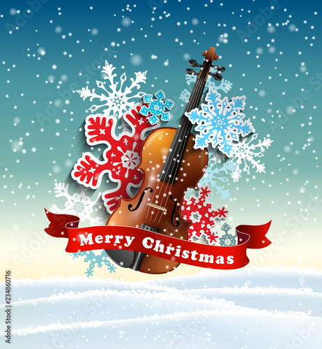 Christmas motive with violin and paper snowflakes