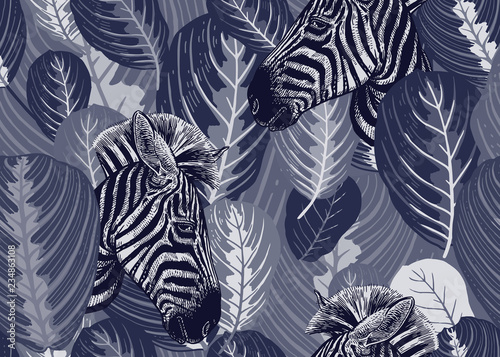 Tropical leaves and animals zebras. Seamless pattern.