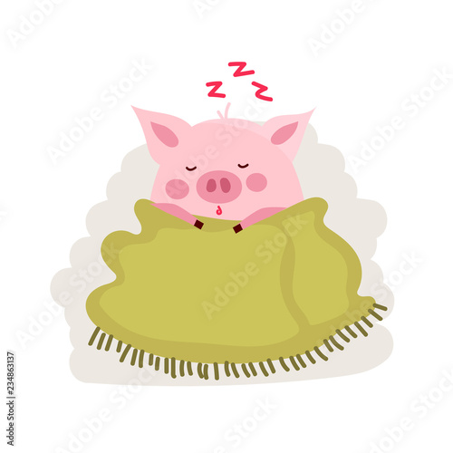 Cute cartoon pig covered by blanket isolated on white