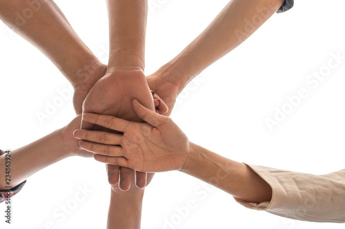 under view friendship People partnership teamwork stacking hands on white background , Business teamwork concept © suphaporn