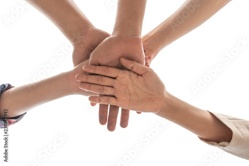 under view friendship People partnership teamwork  stacking hands on white background , Business  teamwork concept