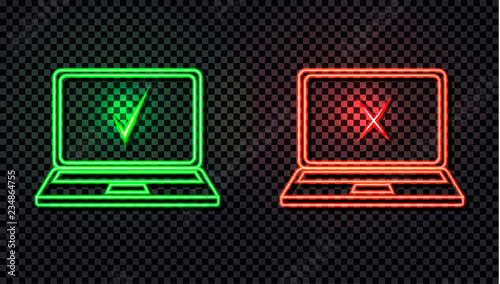 Vector Glowing Neon Laptops, Check and Cross Marks, Bright Red and Green Colors, Icons Isolated.