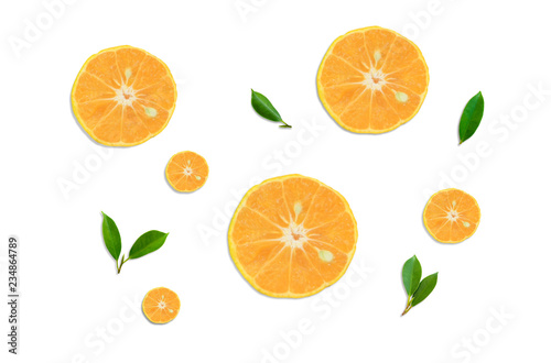 Top view Orange fruit slice and green leaf isolated on white background .