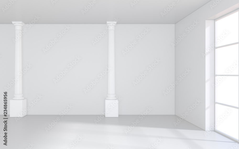 Window in white room with a bright light. 3D rendering.