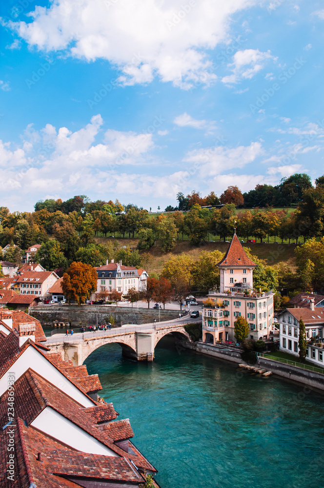 Fototapeta premium Felsenburg castle and Untertorbrucke bridge over Aare river, Bern - Switzerland
