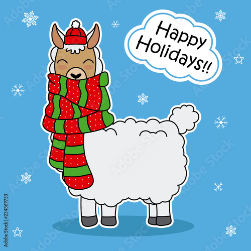 cute llama with scarf and hat