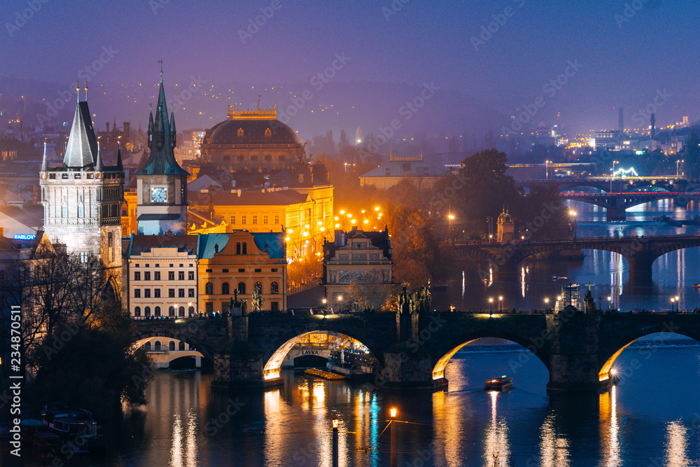 panoramic view of prague old town by night, czech republic