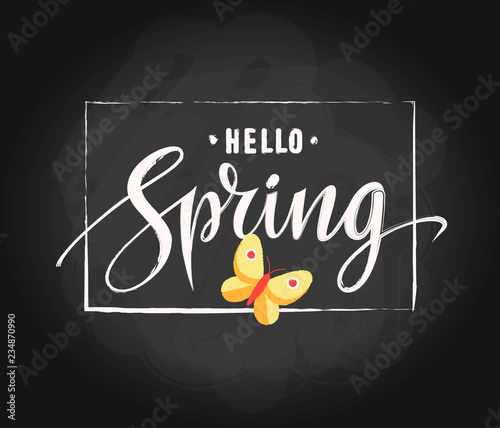 Hello Spring letterng typography on chalkboard texture with hand drawn frame and butterfly. Spring background design. Vector illustration. EPS 10