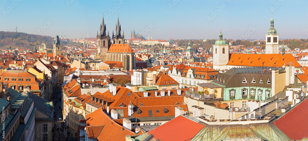 Prague - The panorama of the City with the Church of Our Lady before Týn and Castle with the Cathedral in the background.