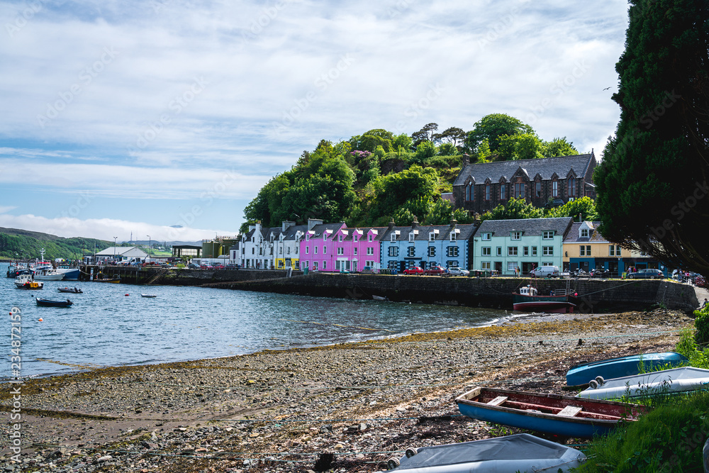 Portree town, colorful buildings. Scotland, UK.