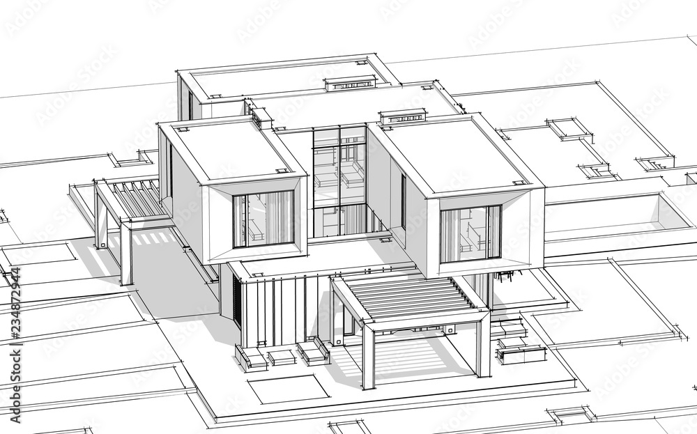 3d rendering sketch of modern cozy house by the river with garage for sale or rent. Black line sketch with soft light shadows on white background