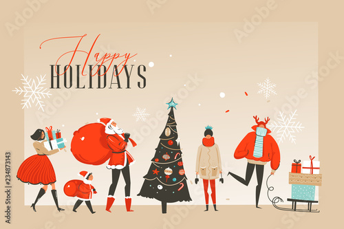 Hand drawn vector abstract fun Merry Christmas time cartoon illustrations greeting card or landing page with happy xmas market people and copy space place for your text isolated on craft background