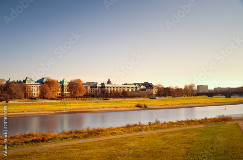 Japanisches Palais und Hotel Westin Bellevue an der Elbe bei niedrigem Pegel in Dresden, Sachsen, Deutschland photo