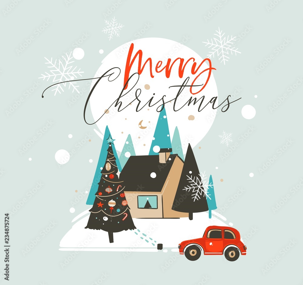 Hand drawn vector abstract Merry Christmas and Happy New Year time cartoon illustrations greeting card template with outdoor landscape,house and snowfall isolated on blue background