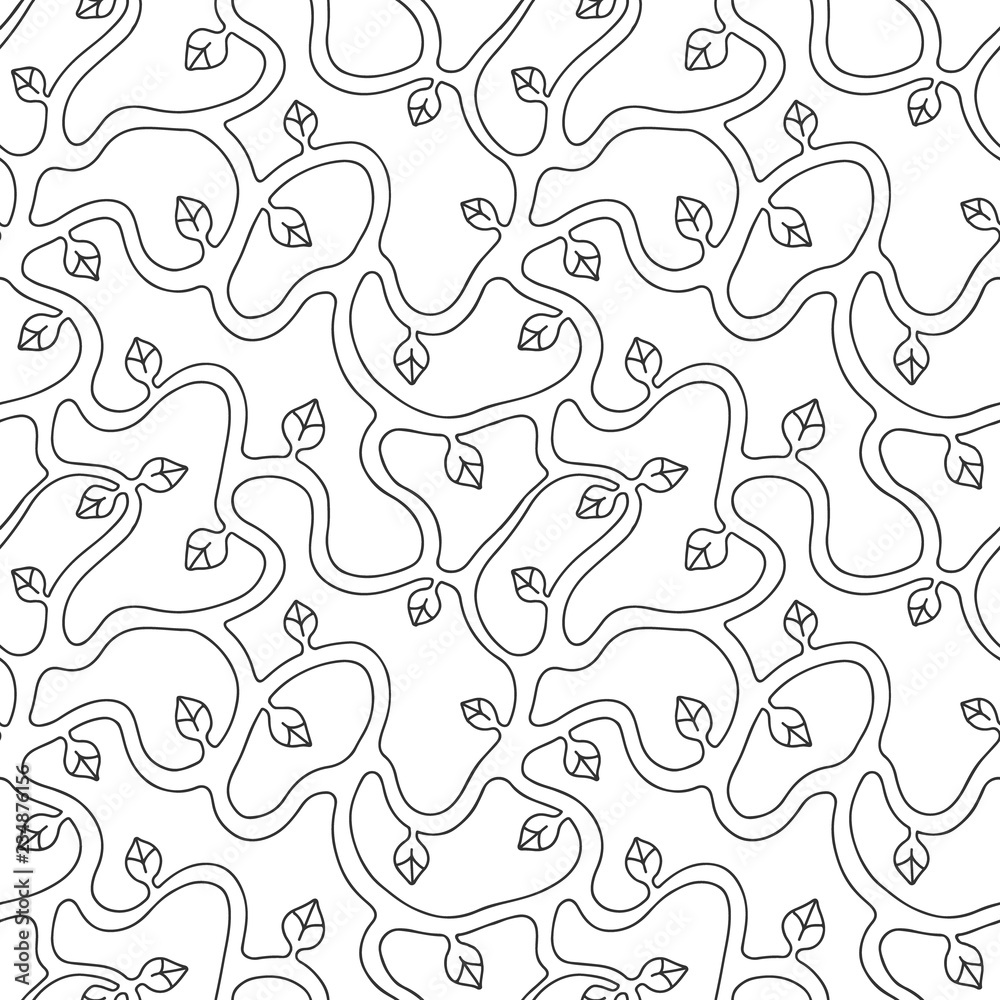 Seamless vector black and white hand drawn pattern with branch, leaves ...