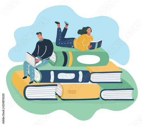 Man and woman sitting on stack books and reading.