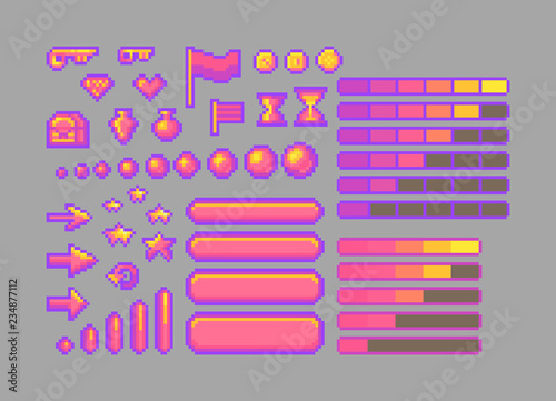 Pixel art bright icons. Decorative GUI elements.