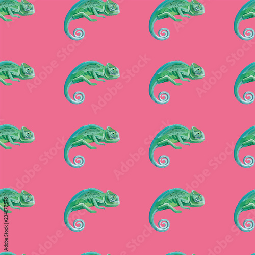 Green chameleon seamless pattern pink background